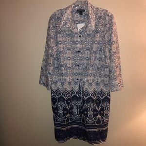 Blue and White Print Button Down Long Sleeve Dress